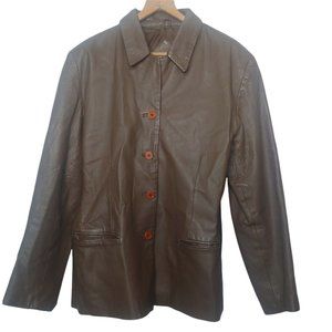 Vintage 90s Forenza Leather Jacket Brown Button Up Collared Smooth Lined Retro